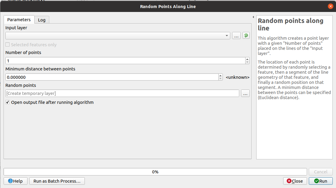 QGIS window for the random points algorithm