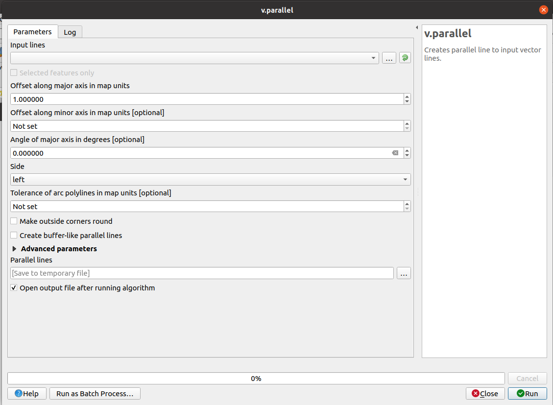 QGIS window for v.parallel algorithm